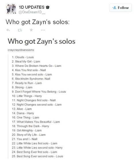 Daftar lagu One Direction di mana setiap personil bergantian mengisi kekosongan yang ditinggal Zayn © twitter.com/onedream1D__