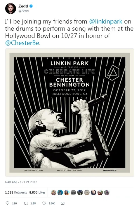Zedd umumkan kalau dirinya mulai tampil bermain drum bersama Linkin Park pada konser penghormatan buat Chester Bennington