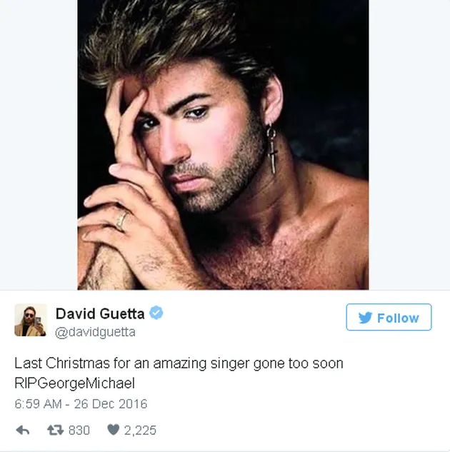 David Guetta mengirimkan ucapan bela sungkawanya kepada George Michael sambil mengunggah foto musisi yang mengaku gay ini.