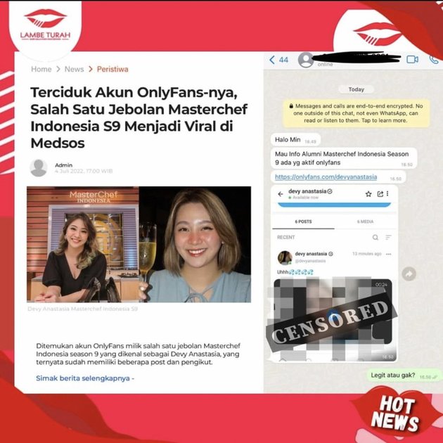Inilah potret postingan salah satu akun gosip di Instagram yang membocorkan akun OnlyFans milik Devy Anastasia, kontestan Masterchef Indonesia Season 9.