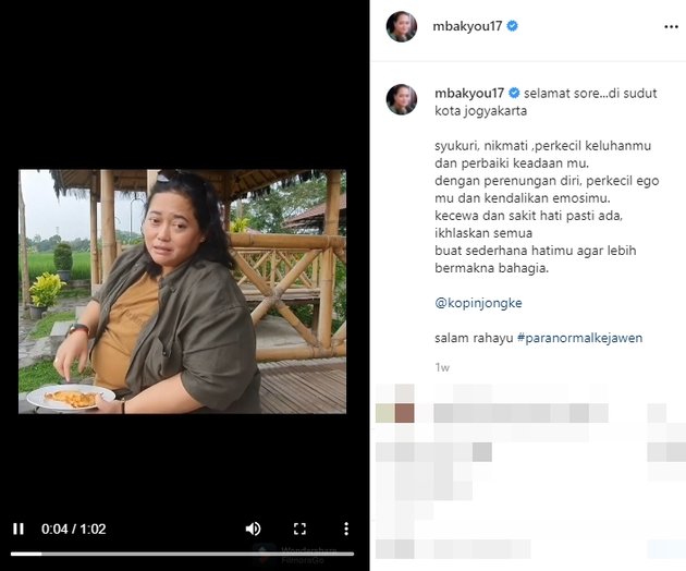 Seminggu sebelum meninggal dunia, Mbak You mengunggah postingan terakhir di Instagram. Ia tampak bahagia menikmati liburan di Jogja.
