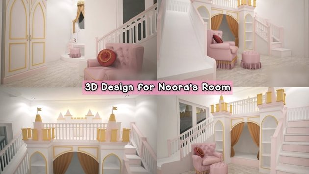Ini dia desain interior kamar tidur Noora yang dibikin sendiri oleh Tasyi Athasyia. Bisa terlihat kastil putri raja dengan dominan warna pink menjadi pilihan Tasyi.