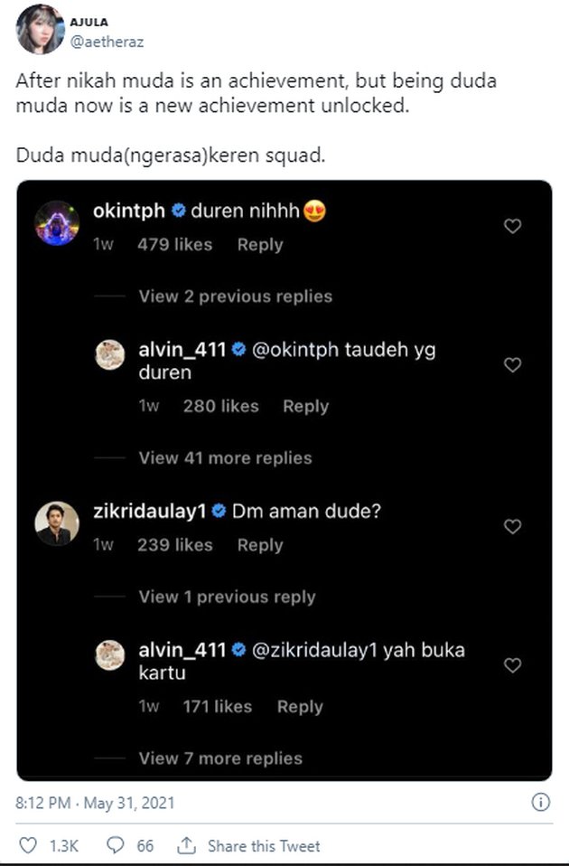 Inilah hasil screenshot di mana tiga duda muda Alvin Faiz, Okin, dan Zikri Daulay saling bertukar komentar di Instagram yang berhasil mencuri perhatian netizen.