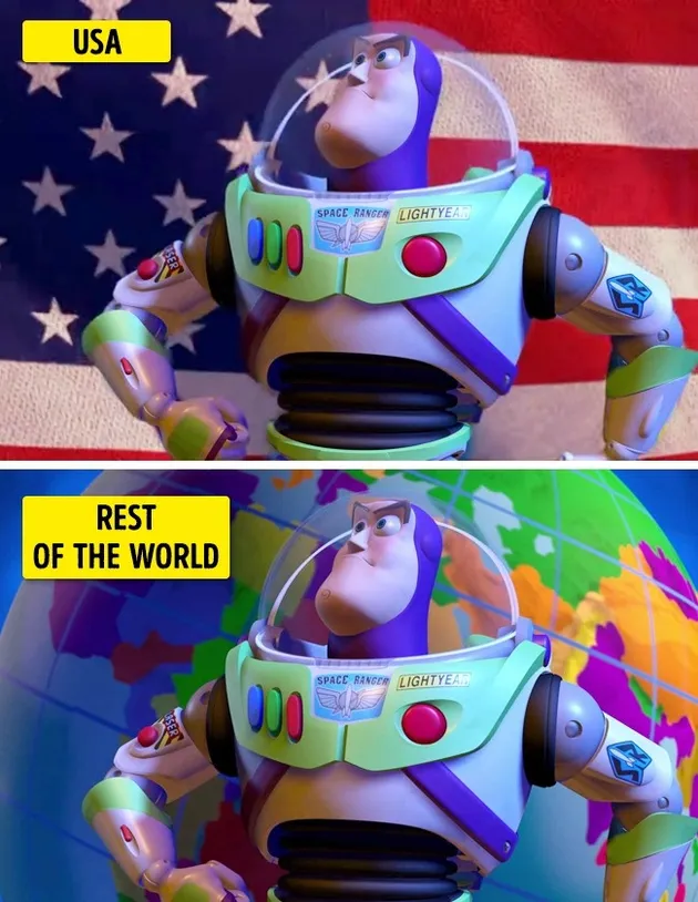Scene Buzz Lightyear saat berpidato dalam TOY STORY 2 ini berbeda background antara versi Amerika & versi internasional. Yang internasional backgroundnya globe, yang Amerika backgroundnya bendera Amerika.