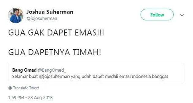 Tweet kocak Joshua Suherman