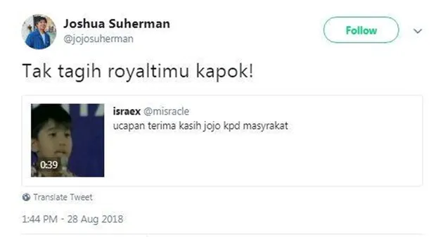 Tweet kocak Joshua Suherman