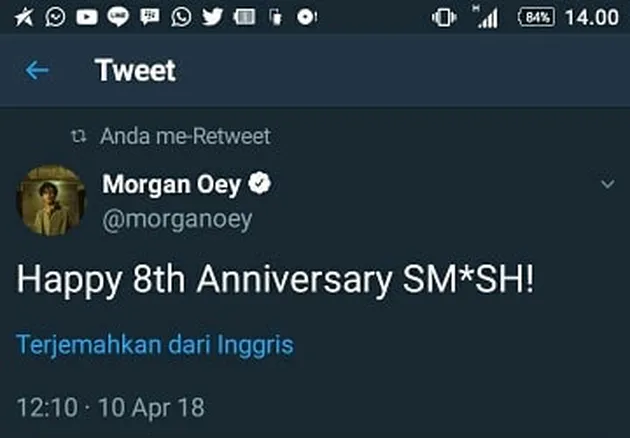 Morgan yang sudah hengkang pun masih ingat dengan ultah SMASH dan mengucapkan selamat lewat akun Twitter-nya.