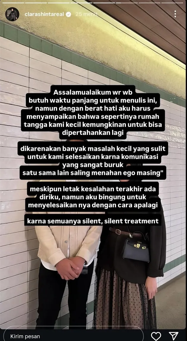 Isi story Instagram Clara Shinta curhat kondisi rumah tangganya