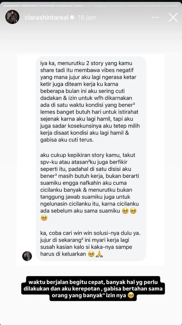 Clara Shinta beri respon pesan di story Instagram