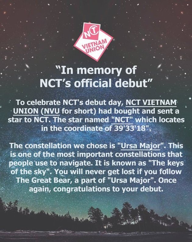 Bintang, yes literally bintang di langit, sering menjadi hadiah untuk idola K-Pop. Maksudnya di sini adalah fans memberi bintang dengan nama idola mereka. Contohnya saat NCT ulang tahun, fans 'membeli' sebuah bintang dan memberi nama 'NCT' untuk merayakan satu tahun anniversary.