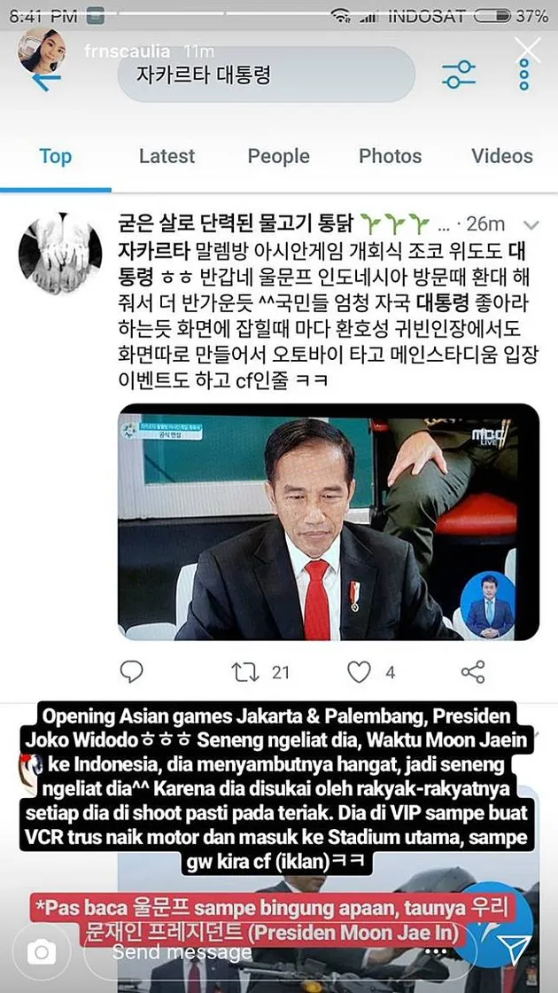 Tweet warga Korsel soal aksi opening Asian Games Jokowi