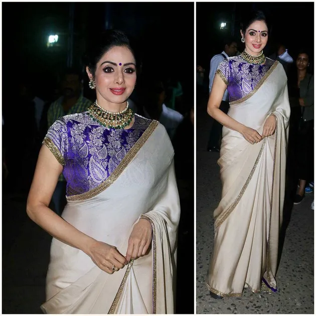 Sridevi tampil maksimal dengan sari bernuansa ungu dan cream keemasan. Meski sudah tidak lagi muda, gaya Sridevi tetap memesona.