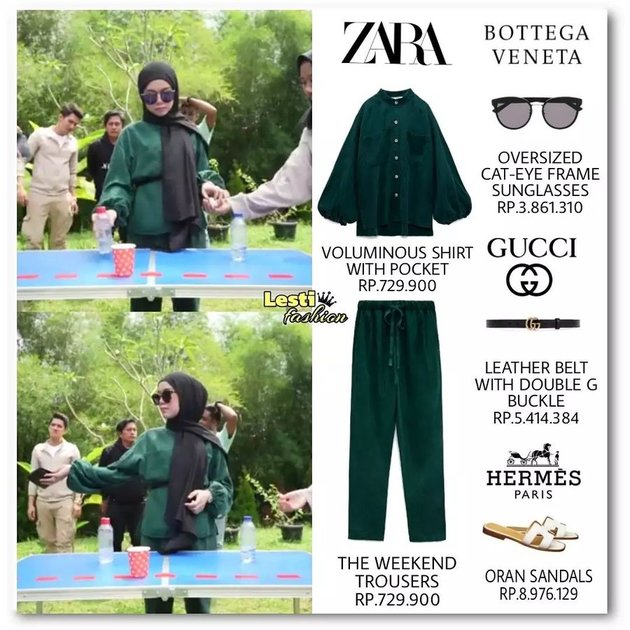 Lesti memakai setelan hijau dari Zara yang totalnya mencapai Rp 1,46 juta. Tapi kacamata, ikat pinggang, dan sandal yang dipakai lebih mahal dari bajunya.