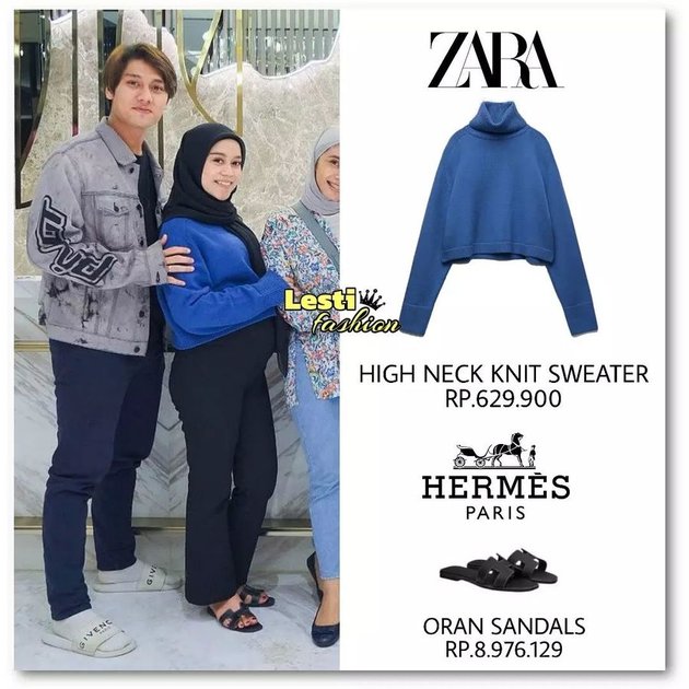 Lesti lagi-lagi pakai ZARA sweater. Kali ini harganya hampir Rp 630 ribu. Sandalnya lebih mahal lagi lebih dari 8 juta rupiah. Maklum dari Hermes.