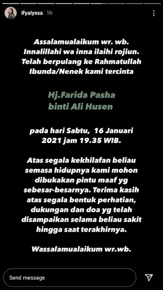 Farida Pasha Meninggal Dunia, Ify Alyssa Ungkap Perasaan ...