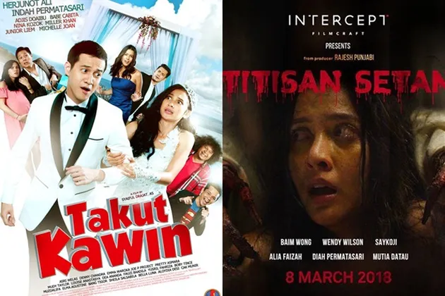 'TAKUT KAWIN' bercerita tentang pasangan kekasih Bimo dan Lala yang ingin menikah setelah melihat sahabat mereka menikah. Sayangnya Bimo malah takut menikah sehingga ditinggalkan Lala. Film ini dibintangi Herjunot Ali dan Indah Permatasari. | 'TITISAN SETAN' dibintangi oleh Baim Wong dan bercerita tentang pasangan kekasih yang berniat liburan romantis di sebuah vila. Si pria berniat jahat dengan memasang CCTV untuk merekam semua kegiatan mereka. Tapi kemudian kejadian aneh terjadi di vila | Dua film ini tayang pada 8 Maret.