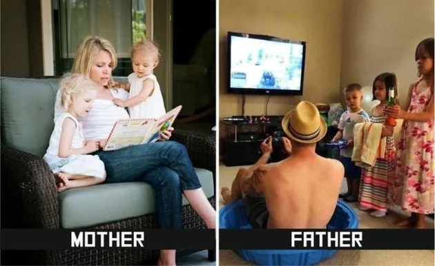 foto beda ayah vs ibu mengurus anak