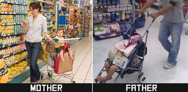 foto beda ayah vs ibu mengurus anak