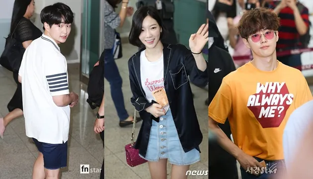 Tiga deretan leader nih. Kiri ke kanan: Onew SHINee, Taeyeon SNSD, dan Suho EXO. Semuanya tampil santai dengan kaos. Onew bahkan pakai celana pendek.