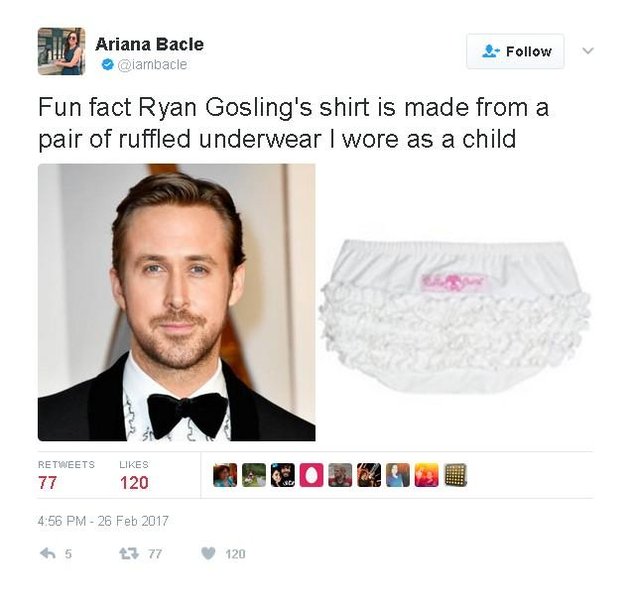 Dandan keren di red carpet, apa daya penampilan Ryan Gosling disamakan dengan celana dalam bayi karena kemeja ruffle yang dikenakannya.