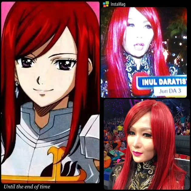 FOTO: MERAH MENYALA, INUL DARATISTA TIRU GAYA RAMBUT TOKOH ANIME
