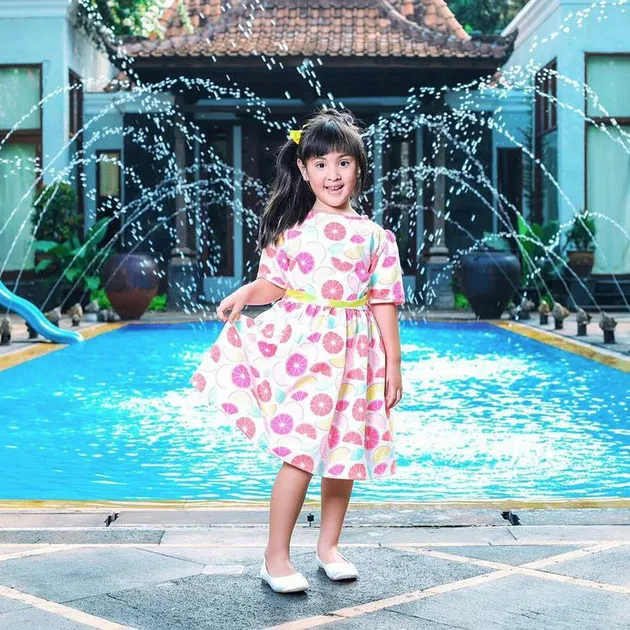 Di halaman belakang, ada sebuah kolam renang dengan air mancur yang menyala dengan cantiknya. Lokasi ini kerap jadi tempat foto Nia dan anak-anaknya.