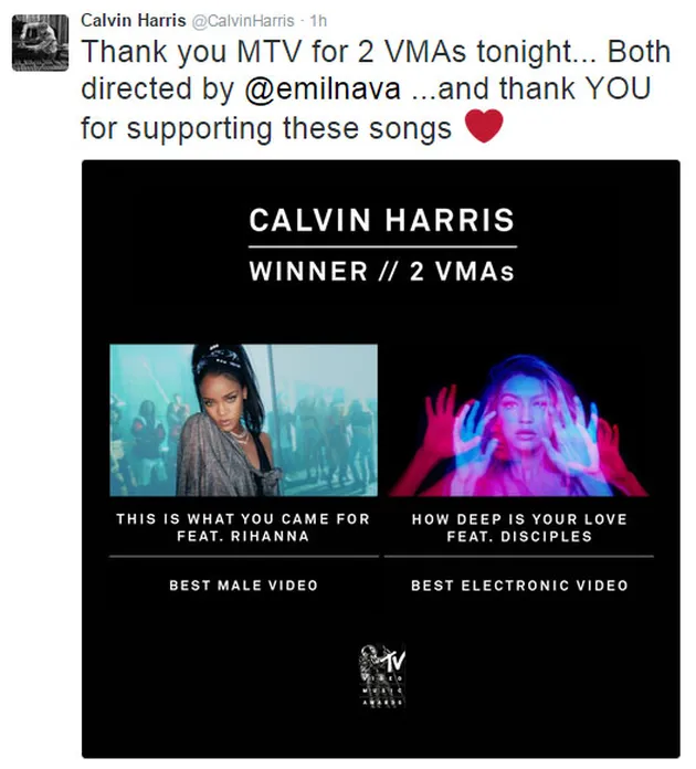Calvin Harris yang tak bisa hadir dalam ajang ini mendapatkan dua gelar yakni Best Male Video dan Best Electronic Video. Ia memberikan ucapan terima kasih lewat Twitter.