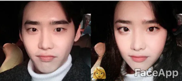 Dari aplikasi FaceApp ini bisa dilihat kalau Lee Jong Suk saat jadi wanita juga tetap cantik... Eh sekilas mirip IU ya?