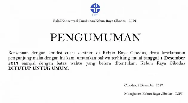 kebun raya cibodas, cibodas ditutup