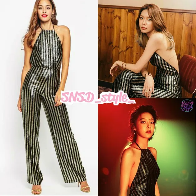Sooyoung yang sudah tinggi terlihat makin jenjang dengan memakai ASOS Stripe Jumpsuit yang memiliki harga £ 59,5 atau sekitar Rp 1,03 juta.
£
