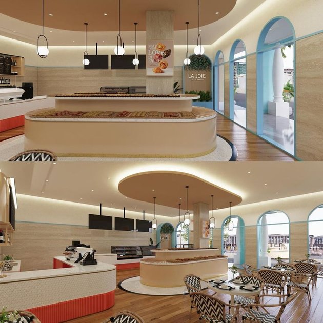 Selain menyajikan sejumlah menu kuliner, cafe sekaligus bakery-nya terlihat sangat mewah dengan tone warna yang kalem.
