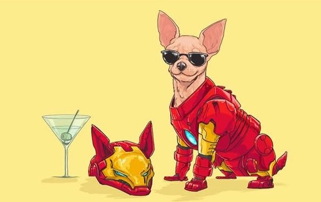 Iron Man digambarkan sebagai anjing chihuahua. Dengan kacamata hitam, dia pun bak konglomerat Tony Stark.