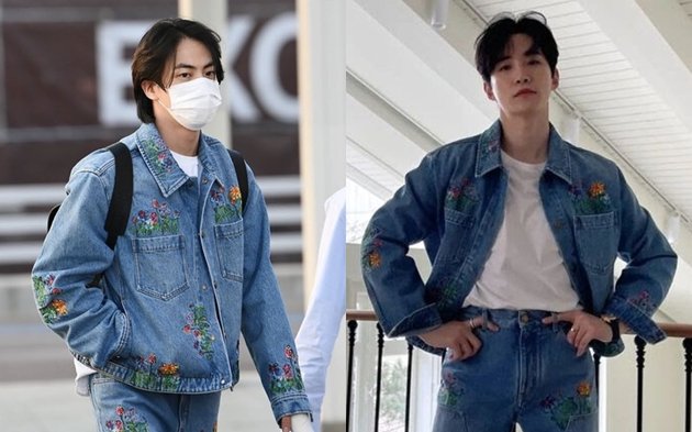 Memberikan vibe berbeda, Jin BTS dan Junho 2PM sempat pakai setelan jeans yang sama dari brand Louis Vuitton, dihiasi bordiran bunga. Ganteng-ganteng!