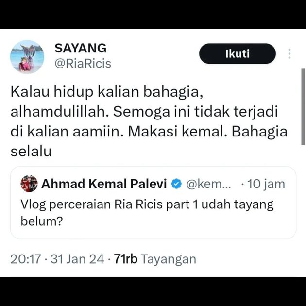 Kemal Palevi Clarifies Questions to Ria Ricis About Divorce Vlog, Emphasizes Not Joking