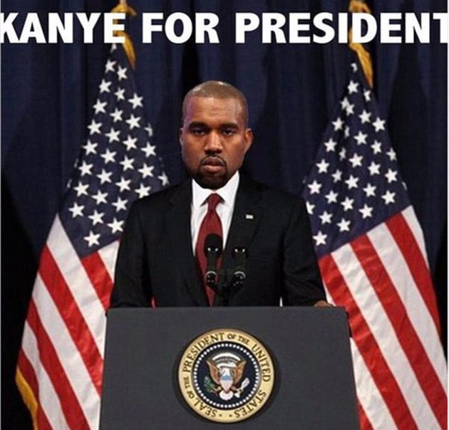 Wajah Barack Obama pun digantikan dengan Kanye West. Lengkap dengan setelan jasnya, ia pun berdiri di balik podium yang biasanya digunakan oleh Presiden Amerika Serikat.