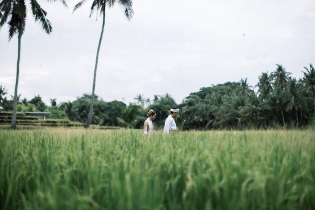 Getting Married Today, Laura Theux and Indra Brotolaras Share Prewedding Photos in Bali Traditional Clothing in the Rice Fields