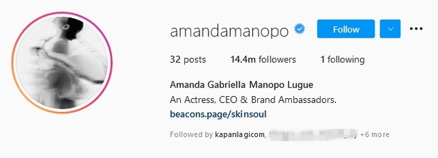 Meski punya 14 juta followers lebih di IG, namun Amanda hanya mengikuti 1 orang saja, yakni akun bisnisnya sendiri.