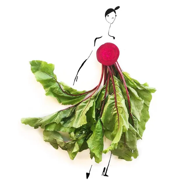 Sketsa busana dari buah dan sayur