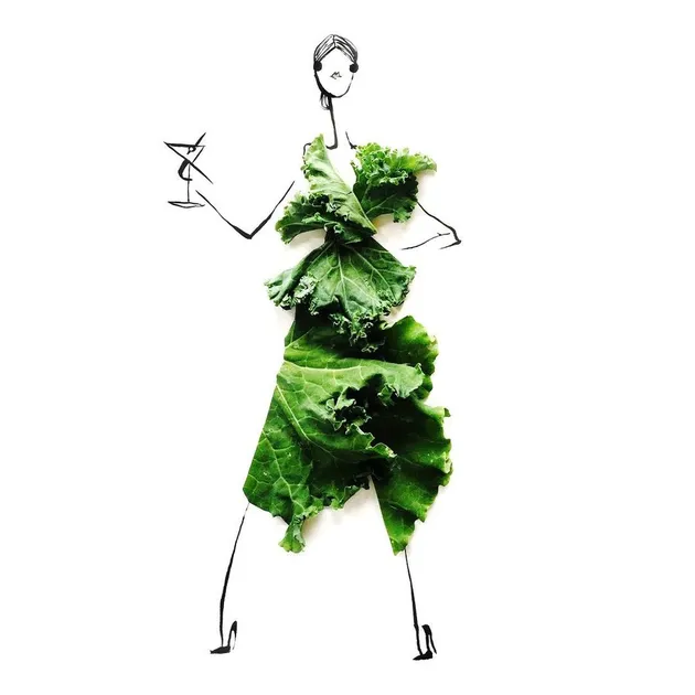 Sketsa busana dari buah dan sayur