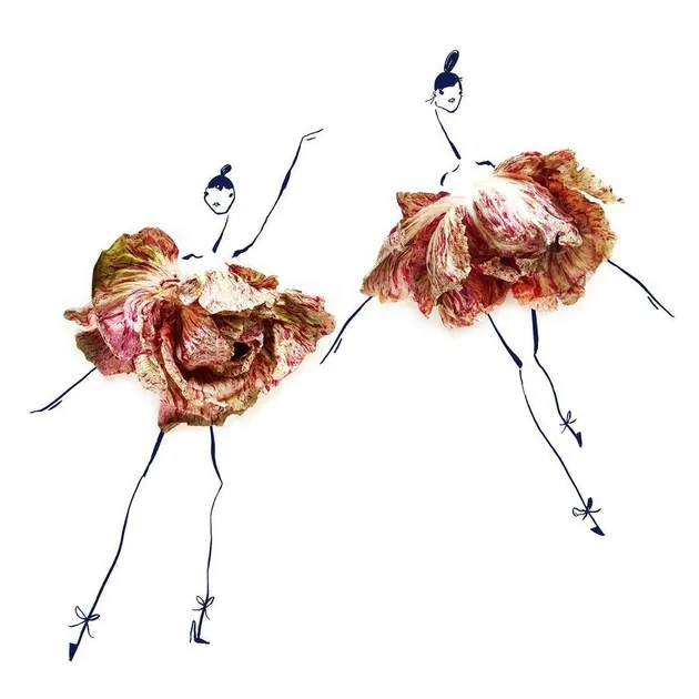 Sketsa busana dari buah dan sayur