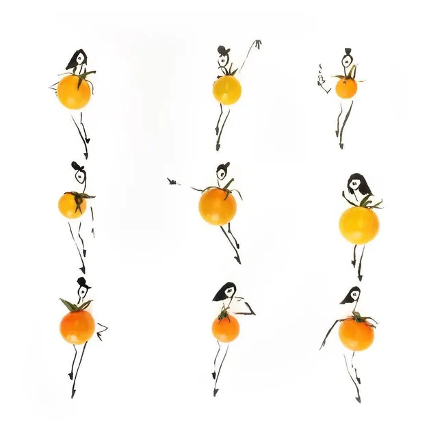 Sketsa busana dari buah dan sayur