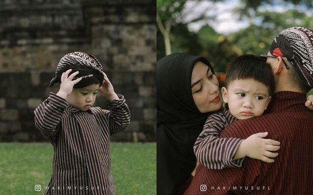 Portrait of Baby Athar, Child of Citra Kirana and Rezky Aditya at Borobudur Temple, Making Cute Faces Because of Exhaustion