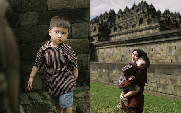 Portrait of Baby Athar, Child of Citra Kirana and Rezky Aditya at Borobudur Temple, Making Cute Faces Because of Exhaustion