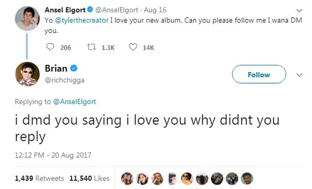 Setelah ditelusuri, nampaknya kedekatan Ansel dan Brian sudah merambah di dunia Twitter sejak bulan Agustus lalu. Kala itu, Ansel menulis tweet kepada rapper Amerika, Tyler The Creator. Ansel mengatakan ia menyukai albumnya dan berharap agar Tyler bisa bercakap-cakap melalui personal message dengannya. Twit itu kemudian dibalas dengan nada bercanda oleh Brian,