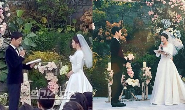 Pernikahan dua bintang top Korea ini membuat banyak orang ikut bahagia. Inilah momen saat Song Joong Ki dan Song Hye Kyo mengucapkan janji pernikahan kepada belahan hatinya.