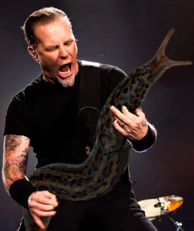 Gitaris dan vokalis Metallica, James Hetfield shock saat gitarnya tiba-tiba berubah jadi siput raksasa.