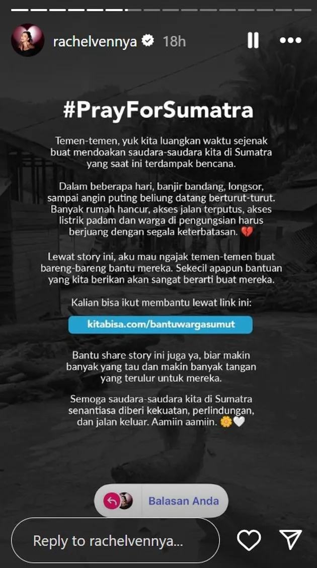 Ucapan Rachel Vennya Untuk Banjir Sumatera
