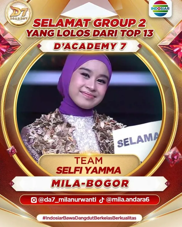 Pengumuman Mila Lolos dari Top 13 DA 7