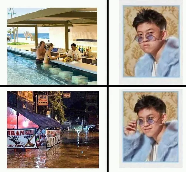 meme lucu, pria makan pecel lele pas banjir, foto lucu, foto unik, foto aneh