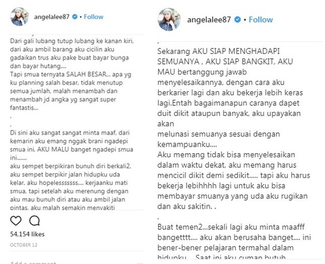 Curhatan Angela Lee soal utangnya ©instagram/angelalee87